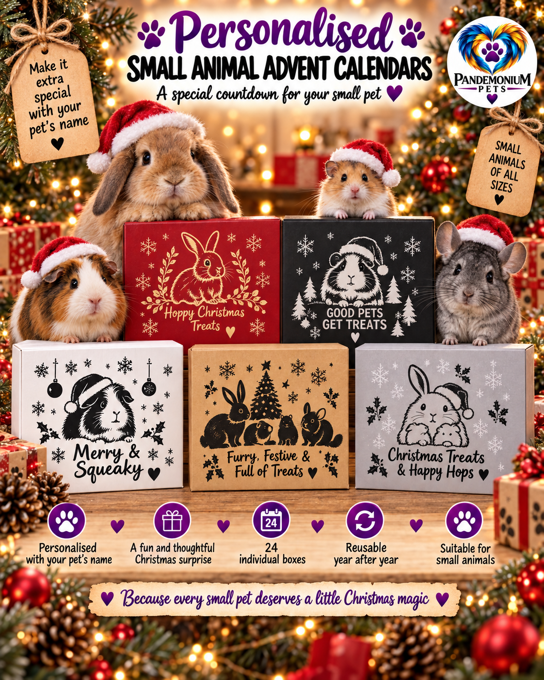 Personalised reusable Christmas advent calendars for rabbits, guinea pigs, hamsters and chinchillas with 24 individual treat boxes