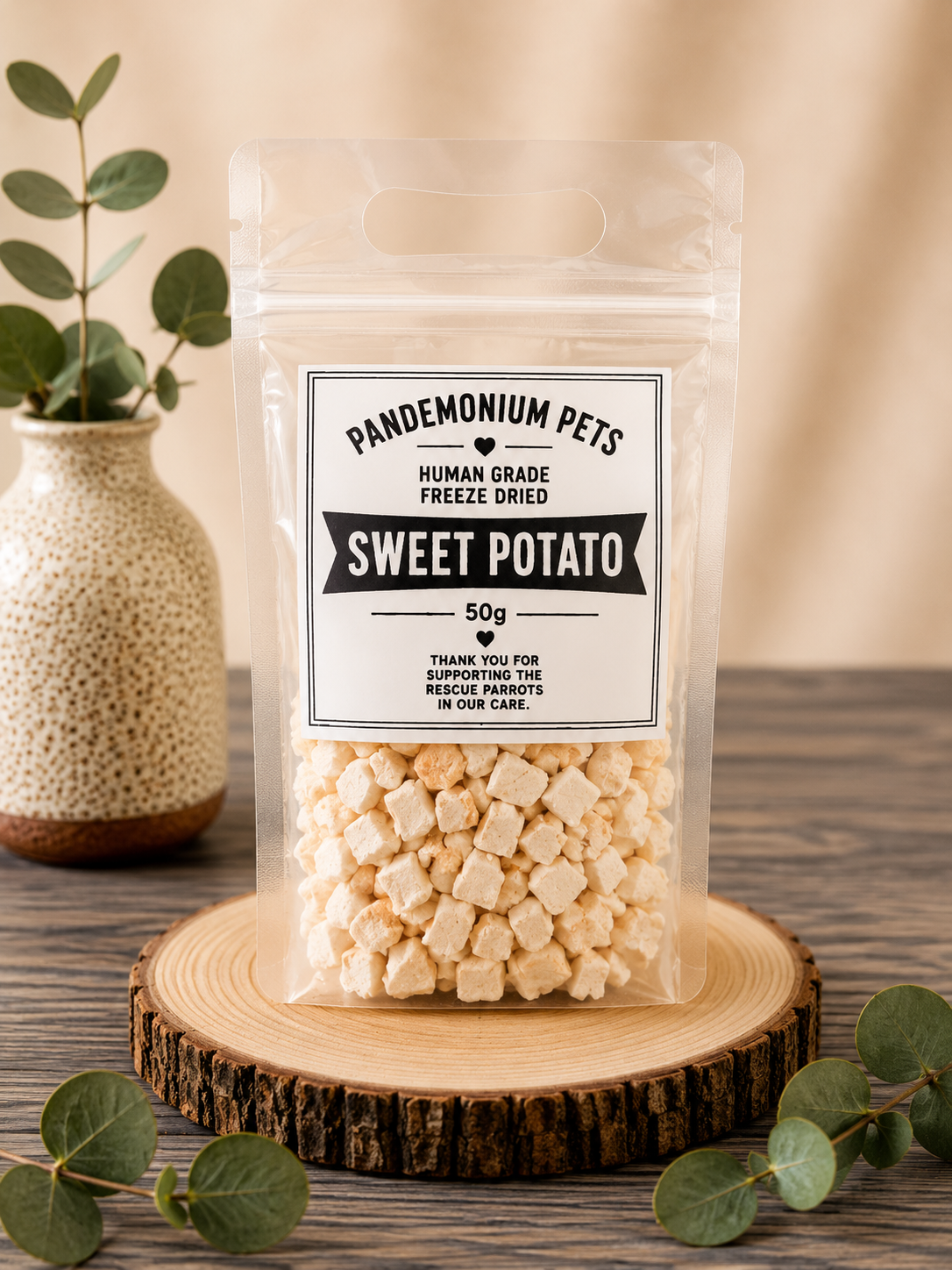 Pandemonium Pets Human Grade Freeze Dried Sweet Potato 50g in a clear resealable pouch on a wooden slice