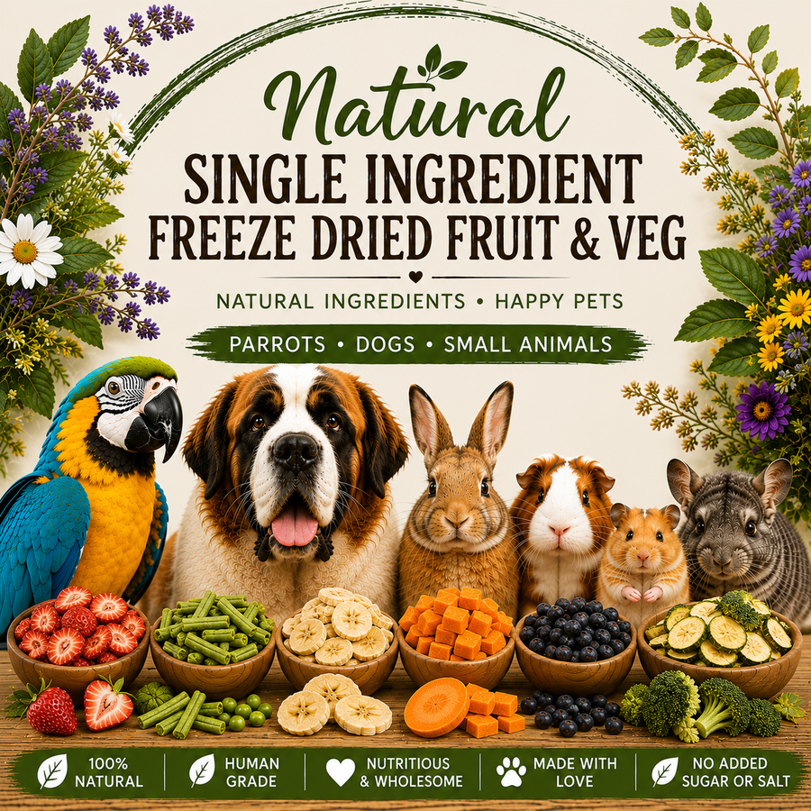 Natural single ingredient freeze dried fruit and veg treats for parrots, dogs, small animals and rabbits — human grade, 100% natural, no added sugar or salt, from Pandemonium Pets