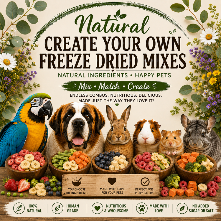 Create your own natural freeze-dried mix for parrots, dogs, rabbits, guinea pigs and small animals — human grade, 100% natural, no added sugar or salt | Pandemonium Pets