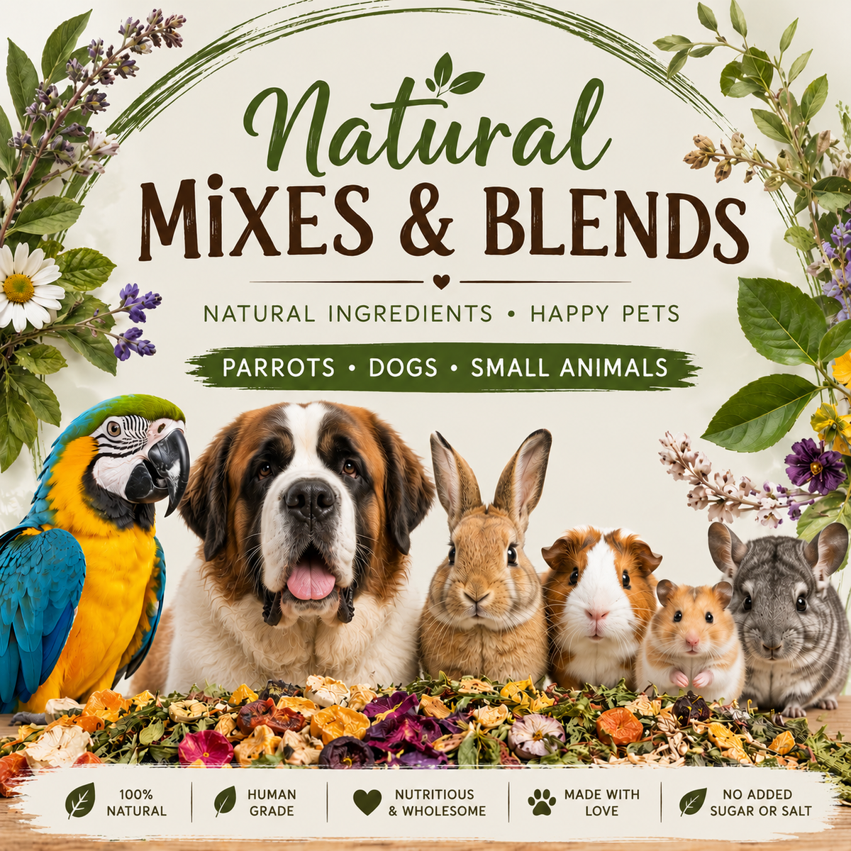 Natural Mixes & Blends collection image — human grade, natural ingredients for parrots, dogs and small animals, from Pandemonium Pets