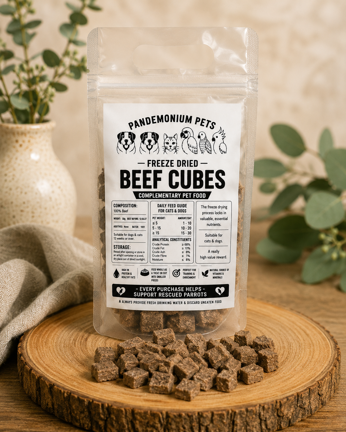 Freeze Dried Beef Cubes bag on wooden board with cubes scattered