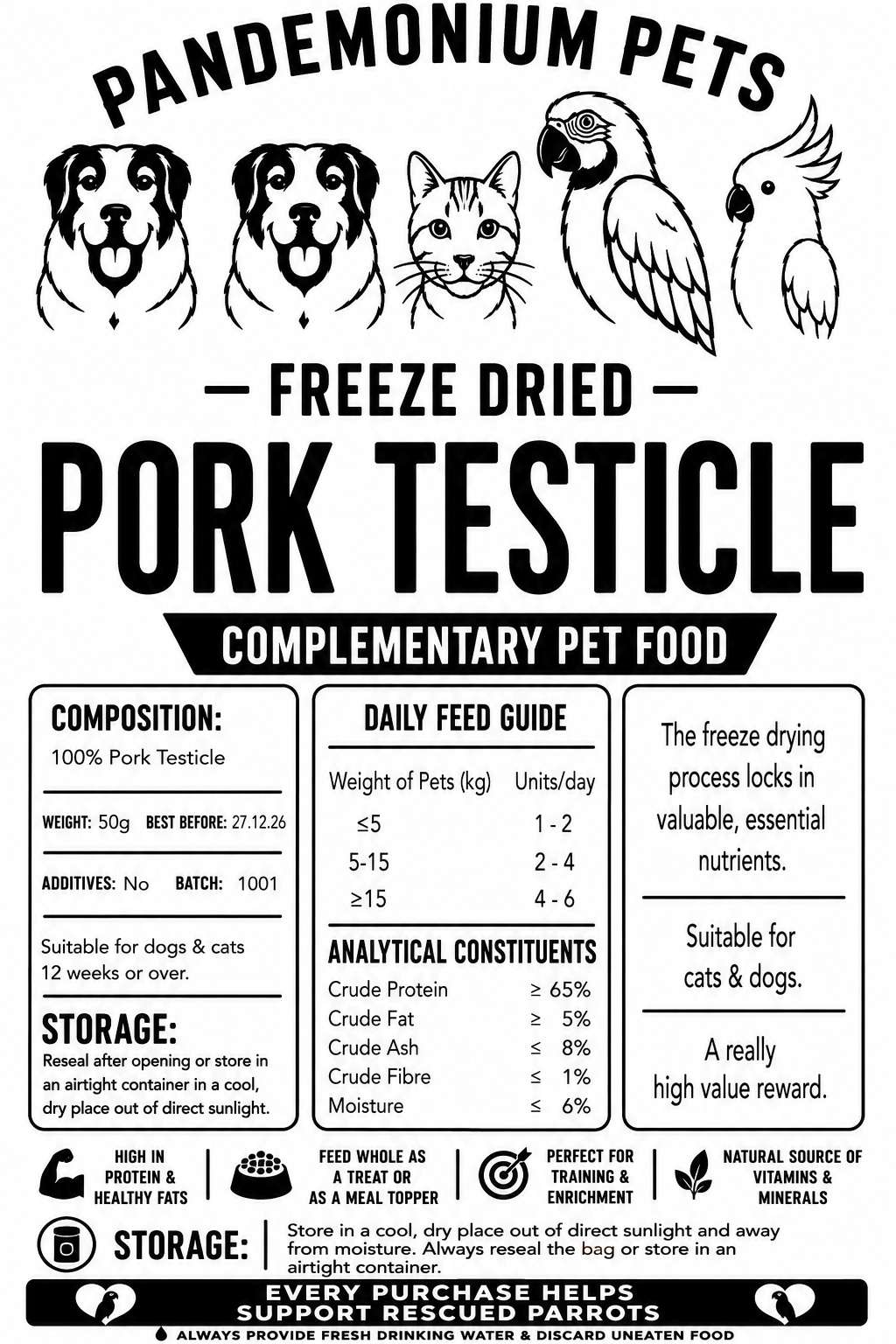 Freeze Dried Pork Testicle product label