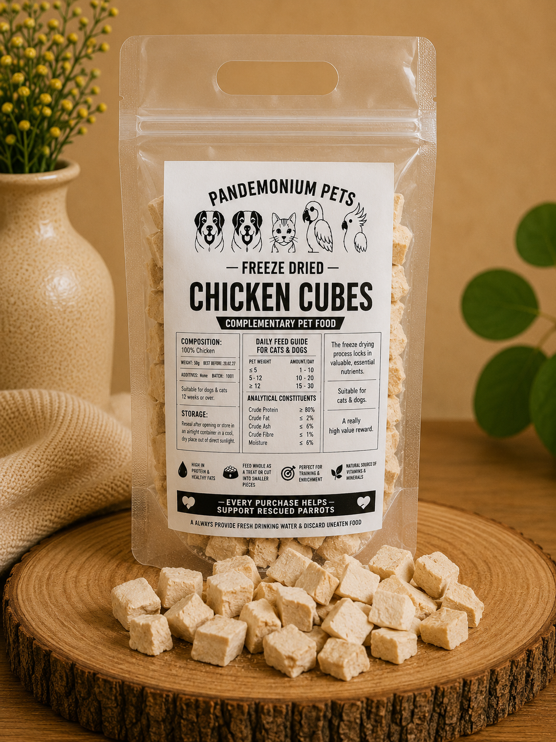 Freeze Dried Chicken Cubes bag on wooden board with cubes scattered