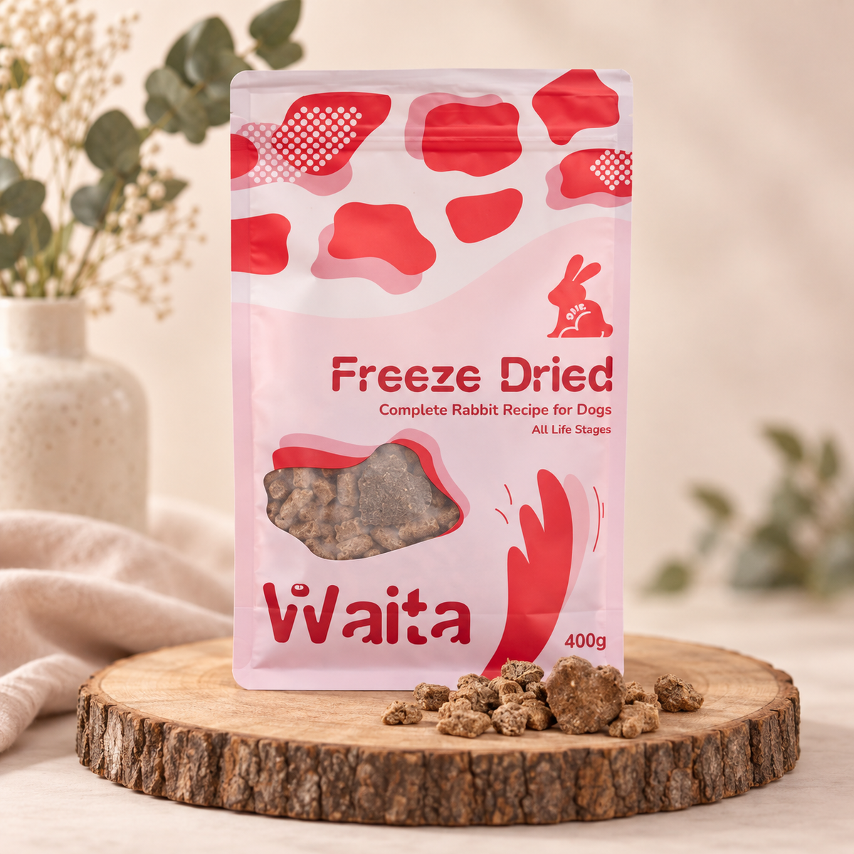 Back of Waita 400g freeze dried complete rabbit dog food pouch showing feeding chart and composition