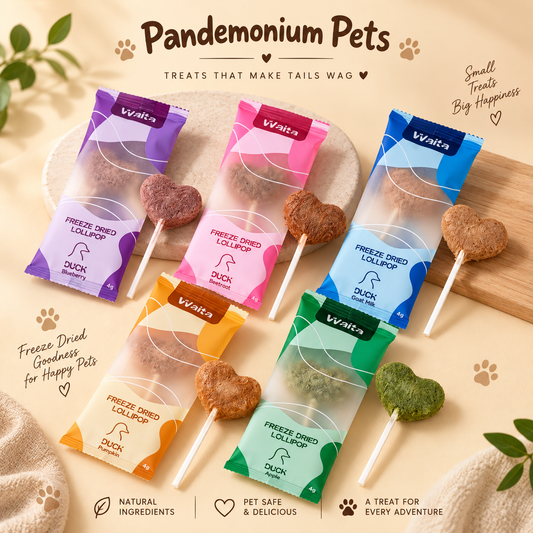 Five Waita chicken freeze dried pet lollipops in blueberry, beetroot, pumpkin, apple and goat milk flavours