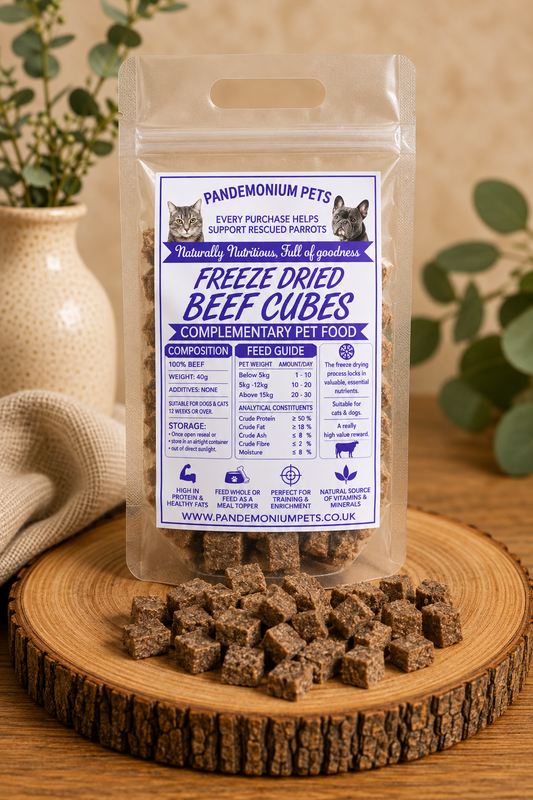 Freeze dried beef cubes in a resealable Pandemonium Pets pouch with loose beef cubes