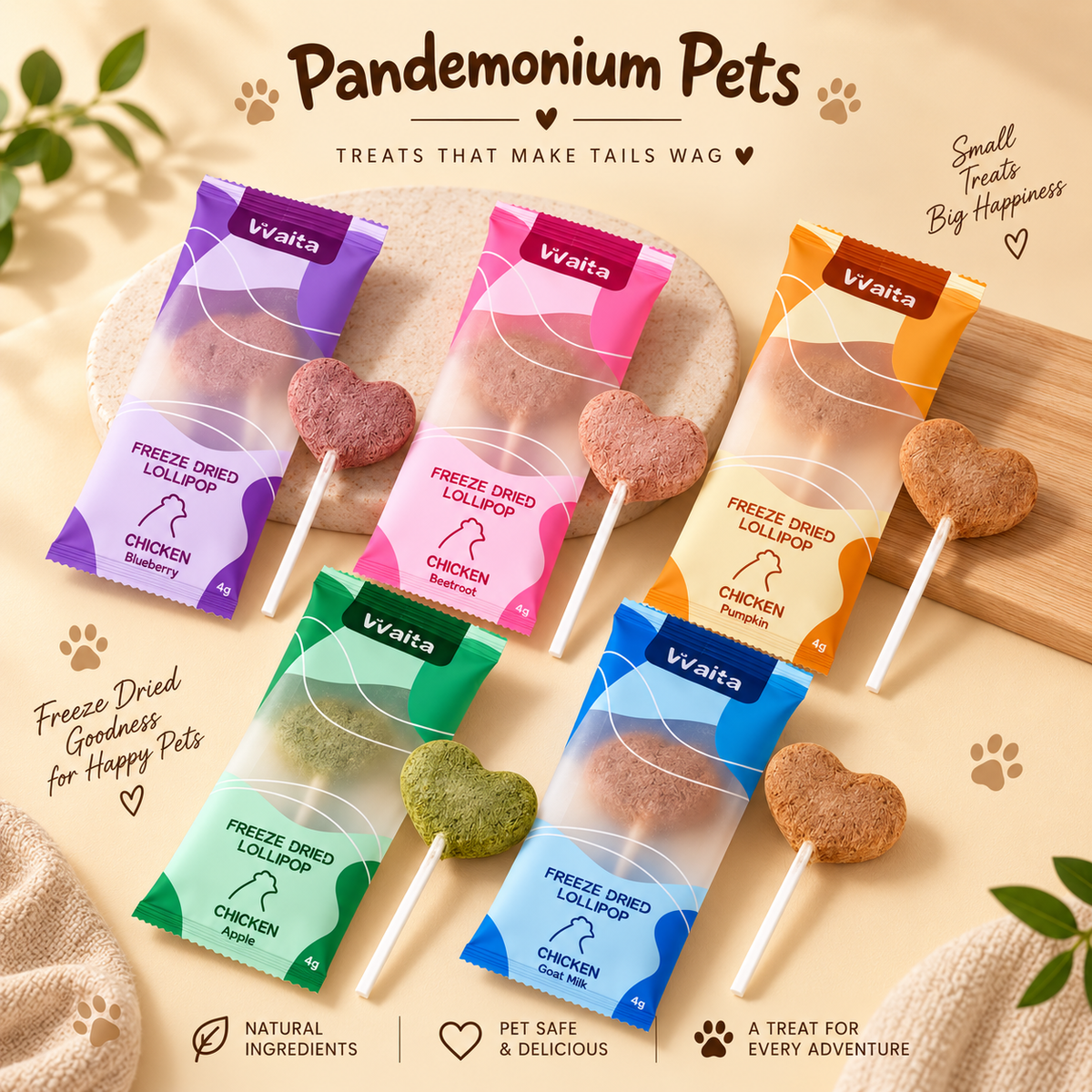 Five Waita chicken freeze dried pet lollipops in blueberry, beetroot, pumpkin, green apple and goat milk flavours