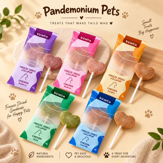 Five Waita chicken freeze dried pet lollipops in blueberry, beetroot, pumpkin, green apple and goat milk flavours