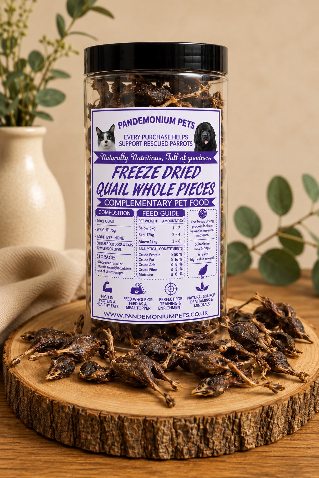Freeze Dried Quail Whole Pieces 75g jar with whole quail pieces on a wooden board