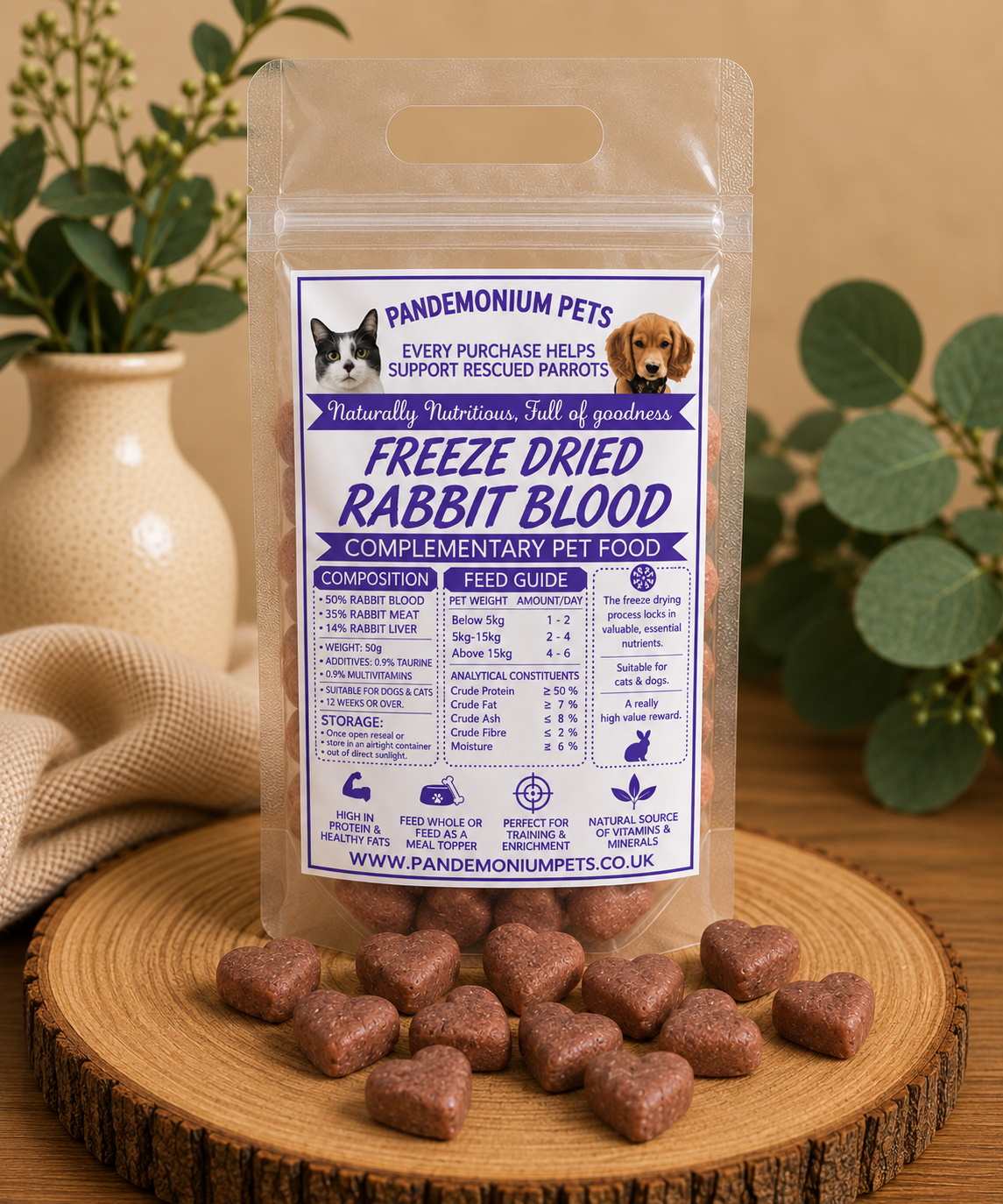 Freeze Dried Rabbit Blood Hearts 50g bag with heart-shaped treats on a wooden board