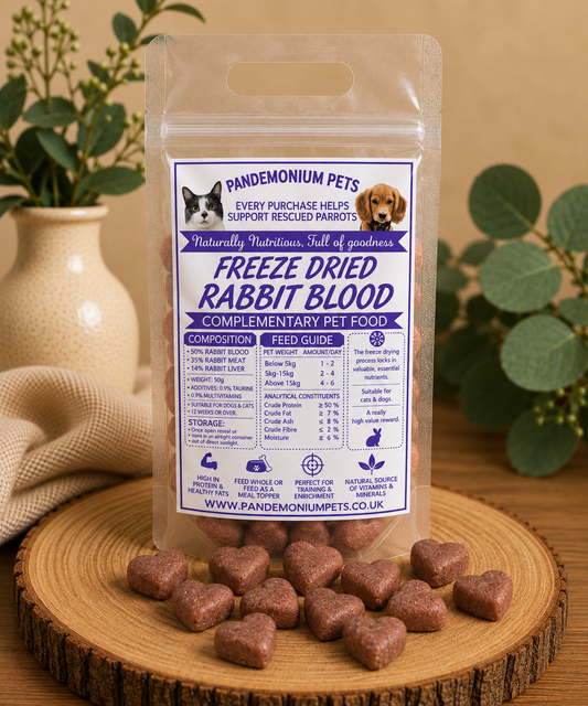 Freeze Dried Rabbit Blood Hearts 50g bag with heart-shaped treats on a wooden board