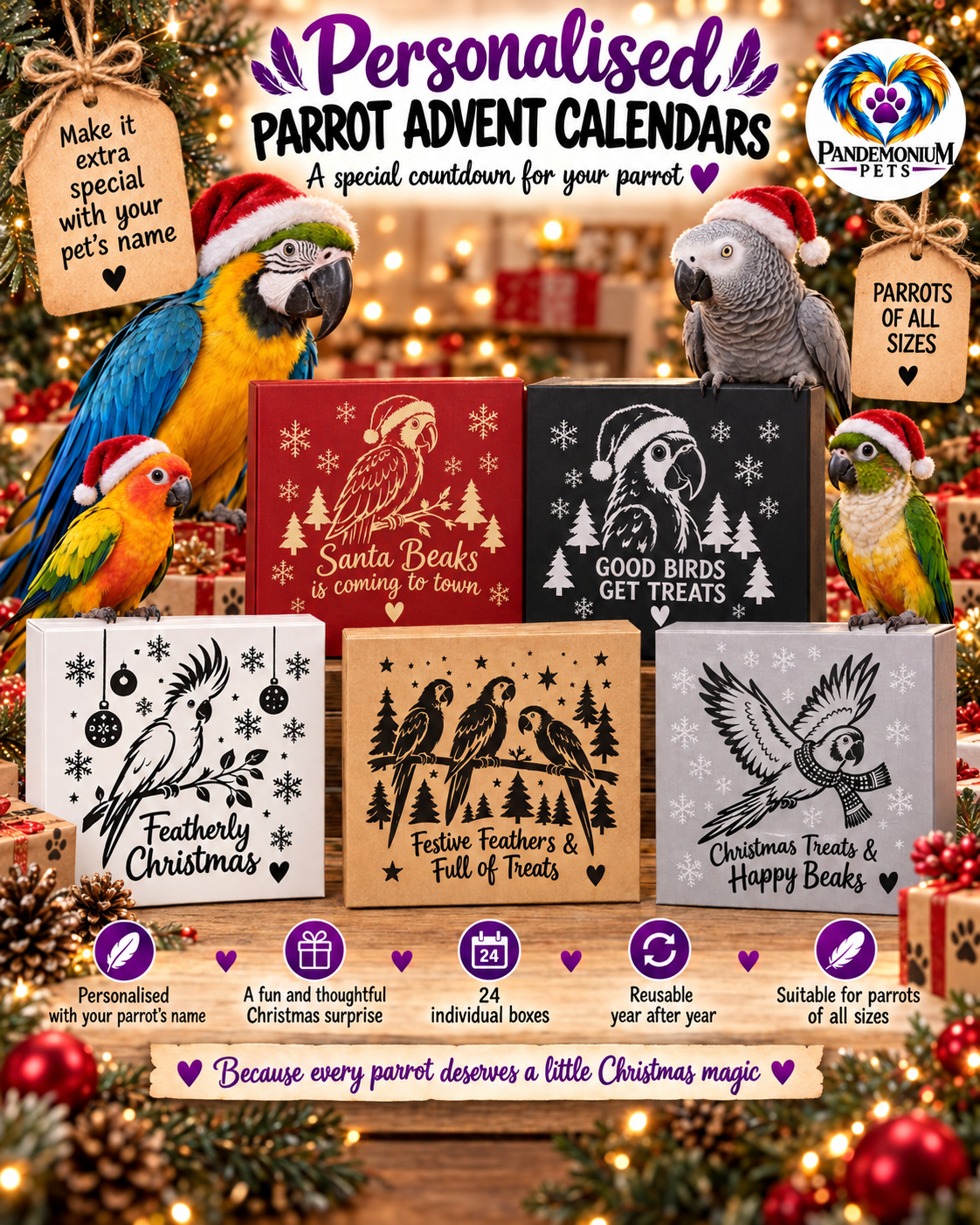 Personalised reusable parrot Christmas advent calendars with 24 individual treat boxes from Pandemonium Pets