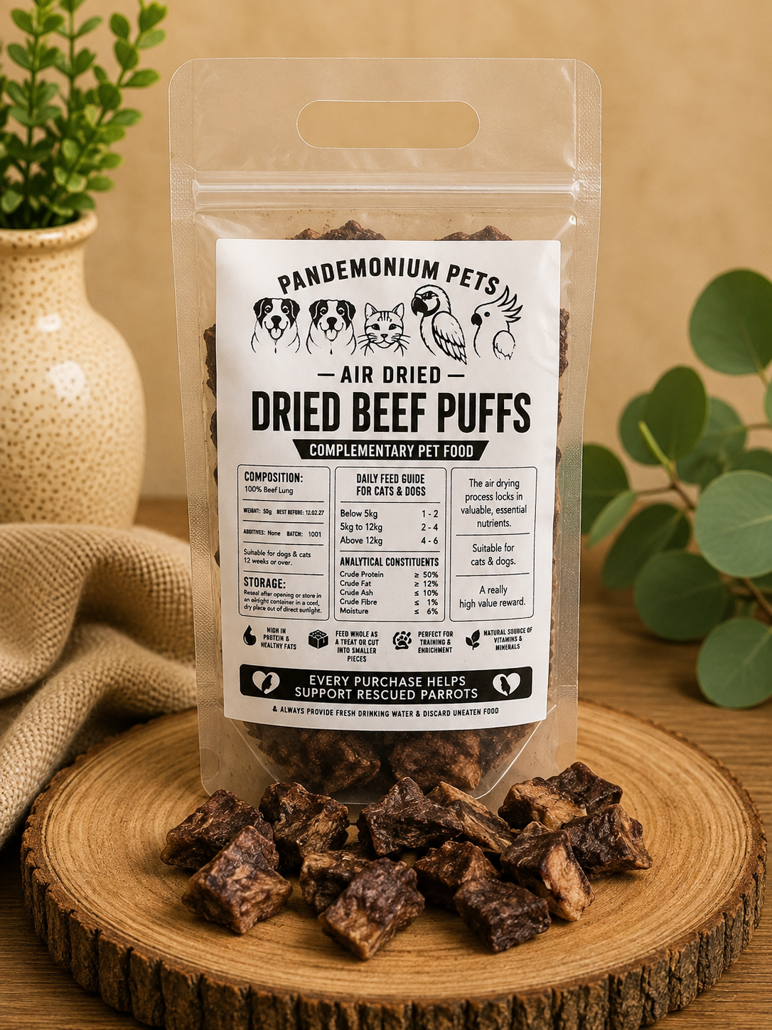 Air Dried Beef Puffs bag on wooden board with treats scattered