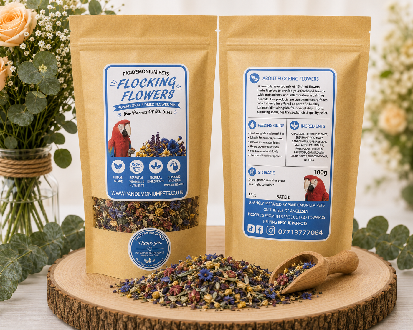 Botanical herb and flower mix for parrots – natural foraging enrichment, 150g | Pandemonium Pets