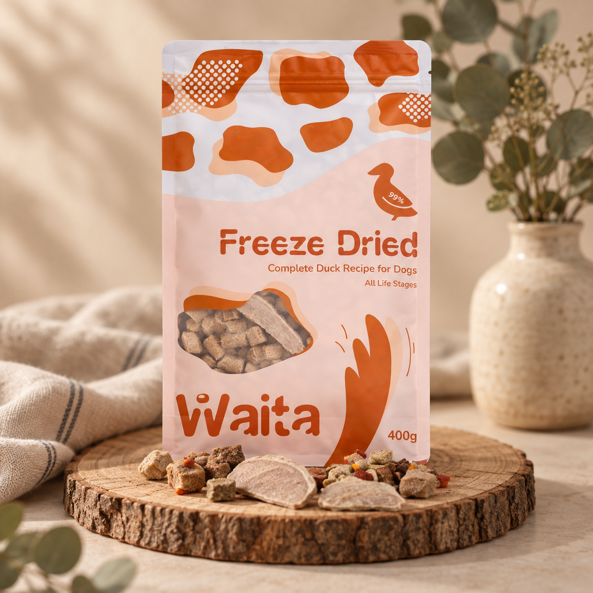 Front of Waita freeze dried complete duck recipe for dogs 400g pouch
