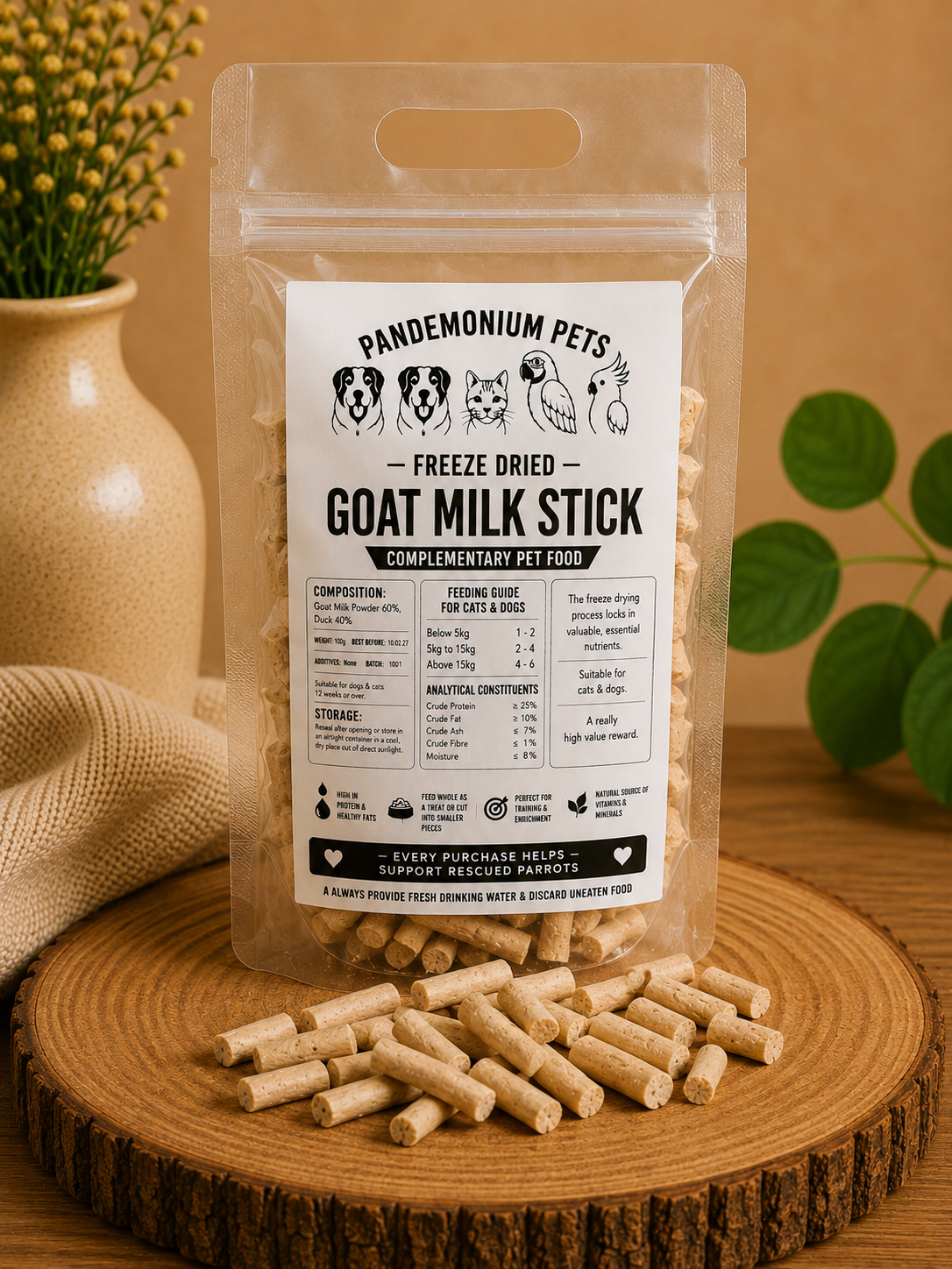 Freeze Dried Goat Milk Sticks bag with label on wooden board