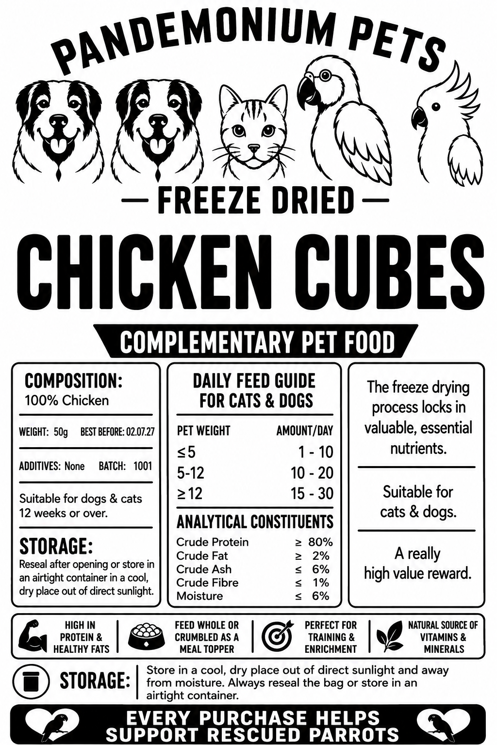 Freeze Dried Chicken Cubes product label