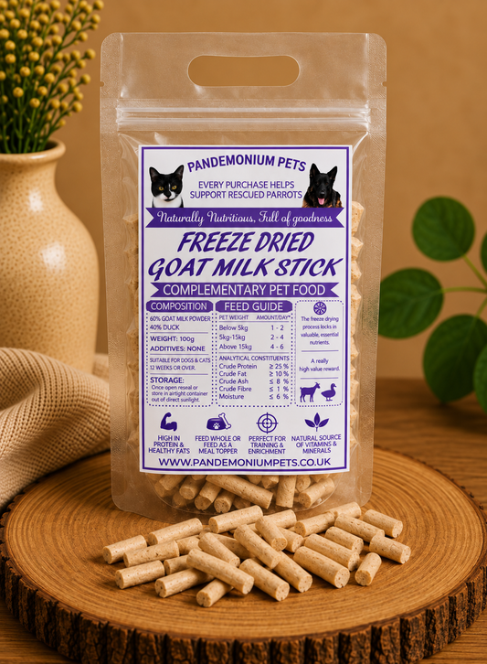 Freeze Dried Goat Milk Sticks 100g bag with goat milk sticks on a wooden board