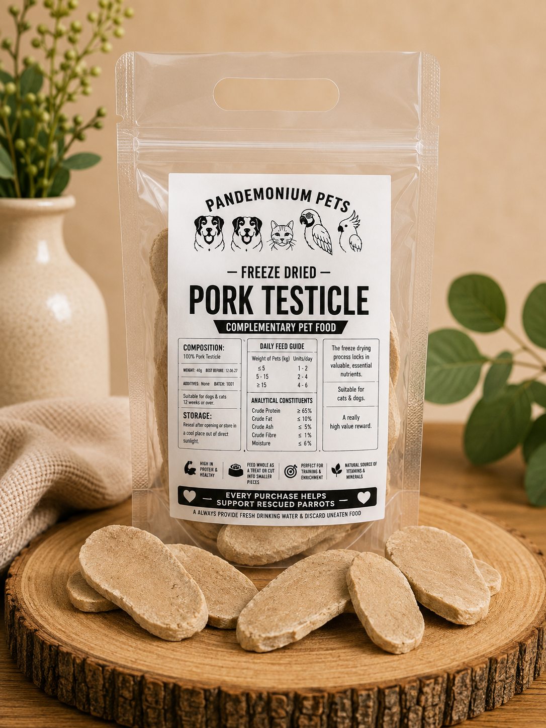 Freeze Dried Pork Testicle bag on wooden board with treats scattered