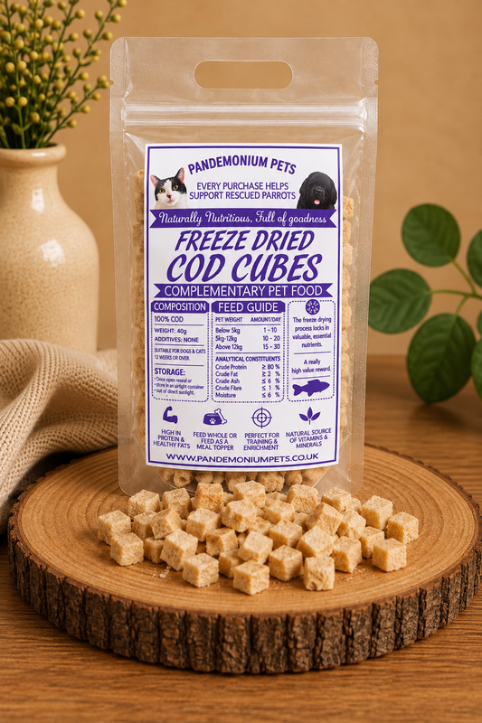Freeze dried cod cubes in a resealable Pandemonium Pets pouch with loose cod cubes