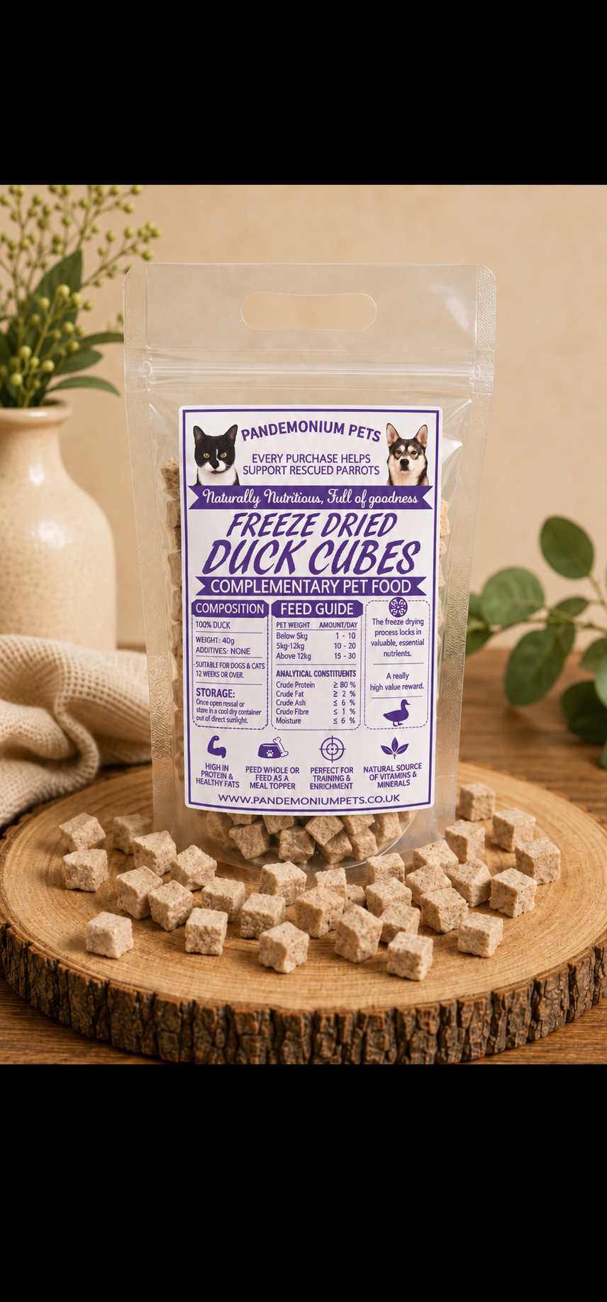 Freeze dried duck cubes in a resealable Pandemonium Pets pouch with loose duck cubes