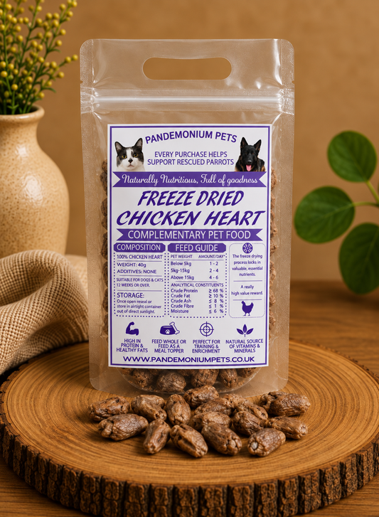 Freeze Dried Chicken Heart 40g bag with chicken hearts on a wooden board
