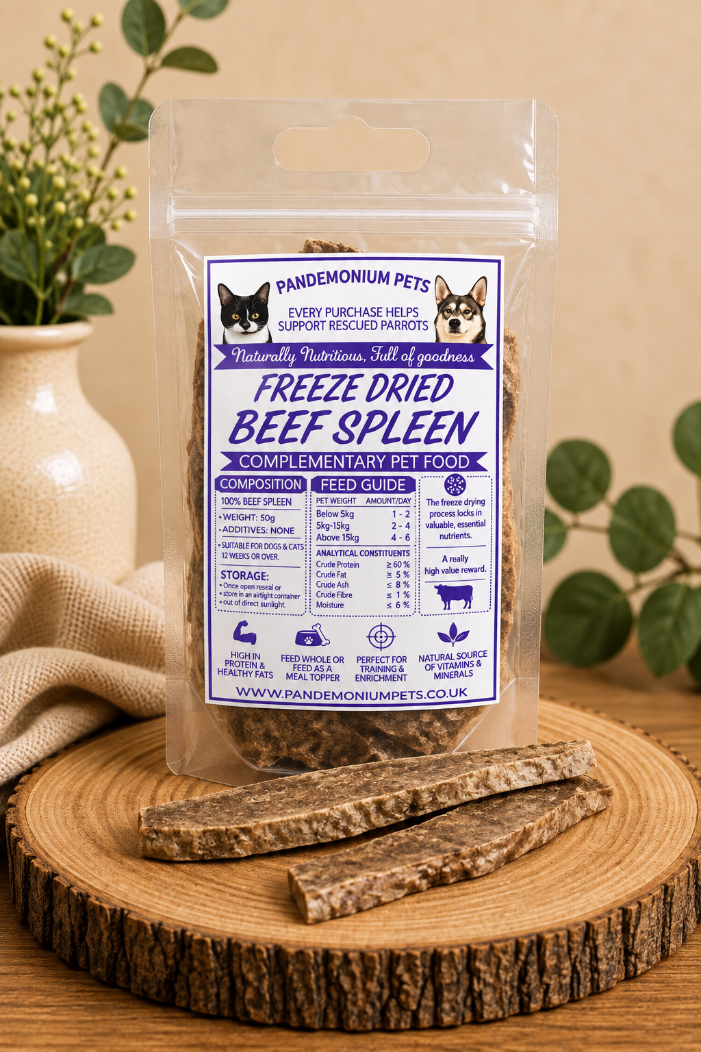 Freeze dried beef spleen in a resealable Pandemonium Pets pouch with loose beef spleen