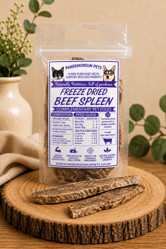 Freeze dried beef spleen in a resealable Pandemonium Pets pouch with loose beef spleen