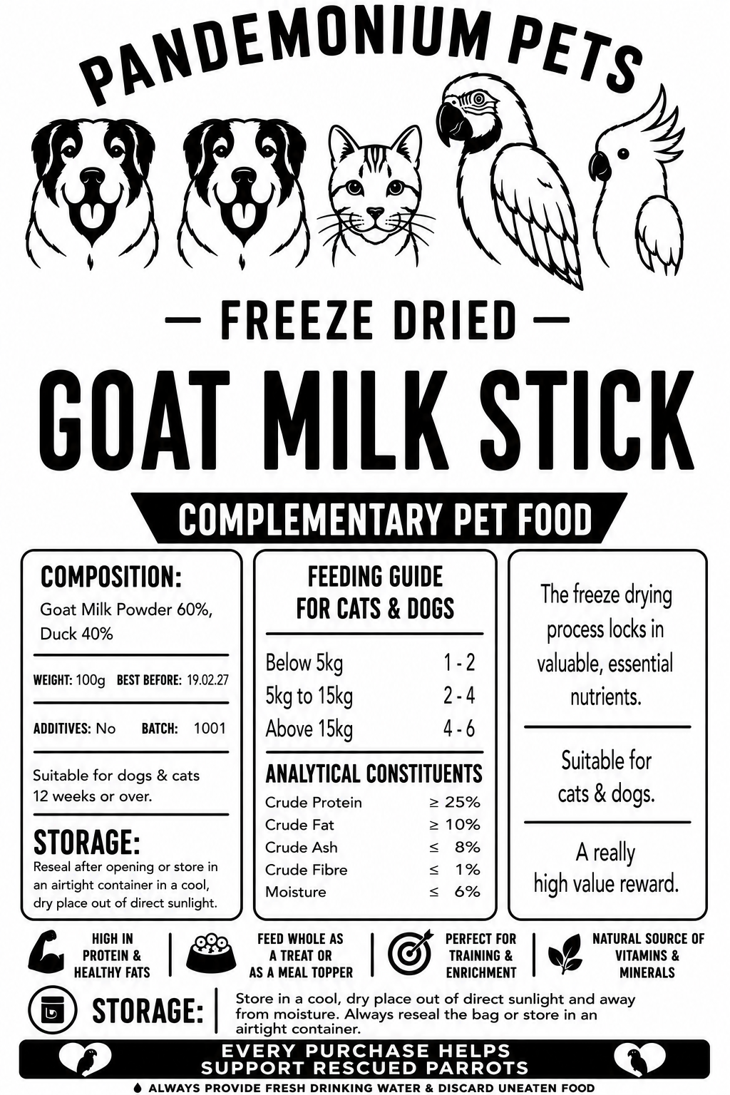 Freeze Dried Goat Milk Sticks product label