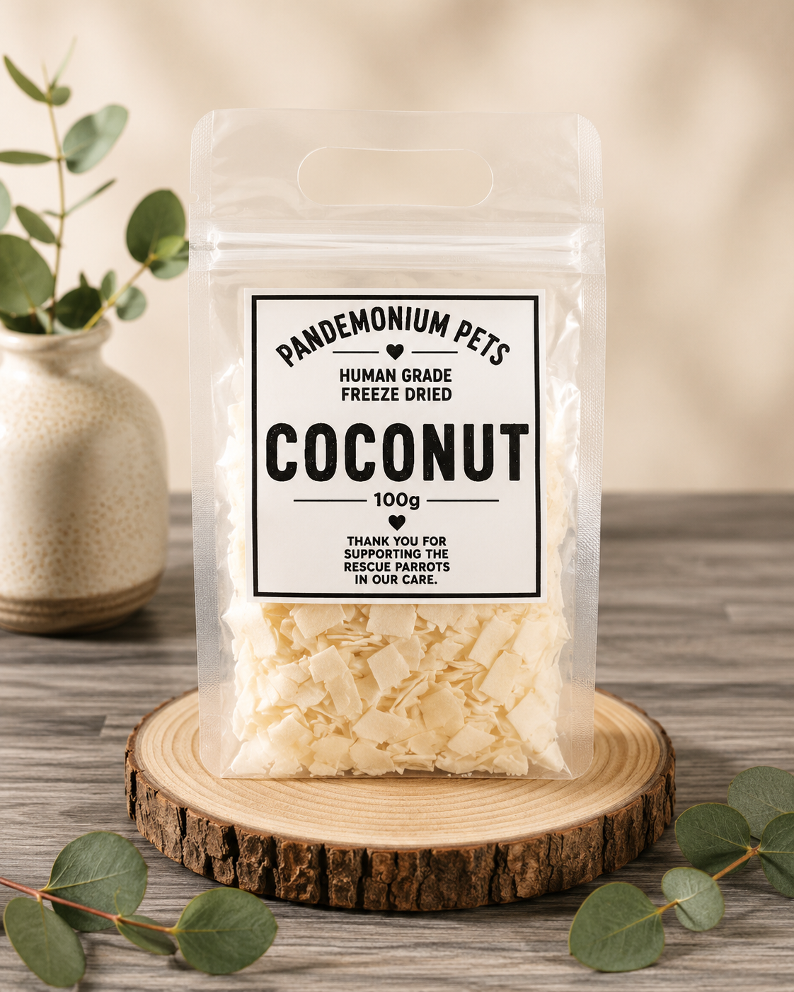 Pandemonium Pets Human Grade Freeze Dried Coconut 100g in a clear resealable pouch on a wooden slice