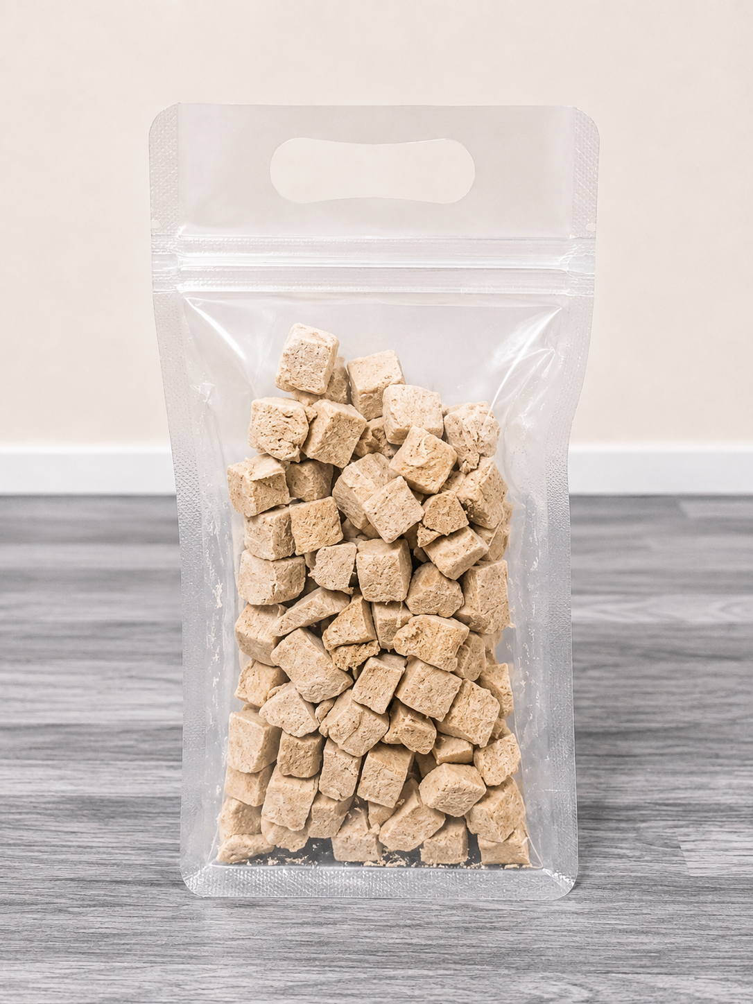 Freeze Dried Chicken Cubes in clear bag