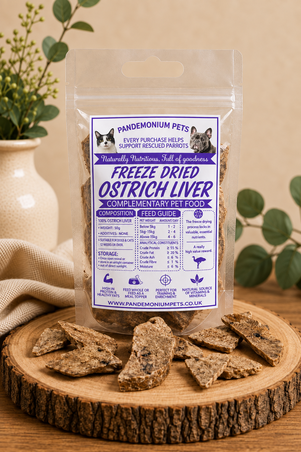 Freeze dried ostrich liver in a resealable Pandemonium Pets pouch with ostrich liver pieces on a wooden board