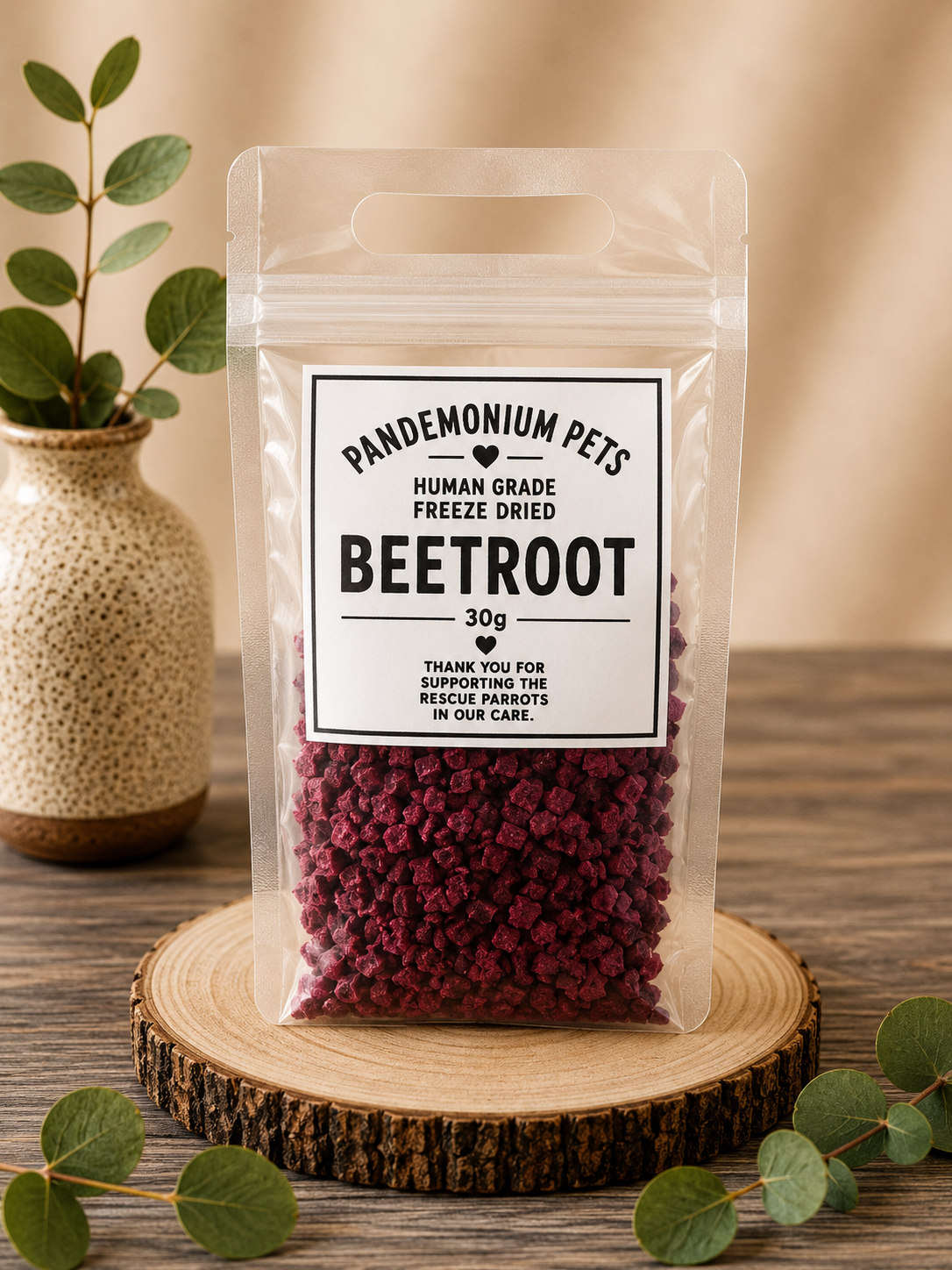 Pandemonium Pets Human Grade Freeze Dried Beetroot 30g in a clear resealable pouch on a wooden slice