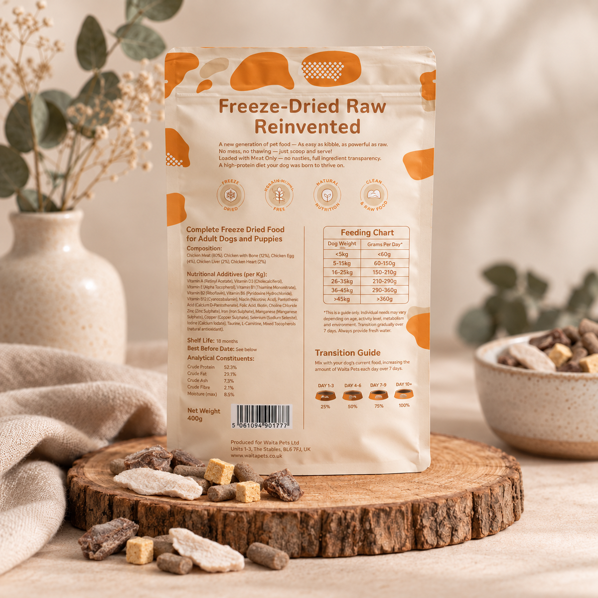 Back of Waita 400g freeze dried complete chicken dog food pouch showing composition and feeding chart