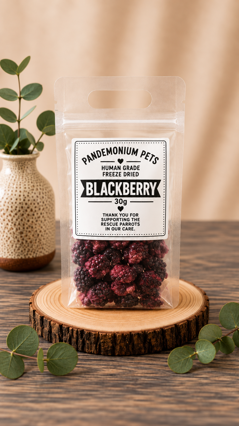 Pandemonium Pets human grade freeze dried blackberry in a clear 30g resealable pouch
