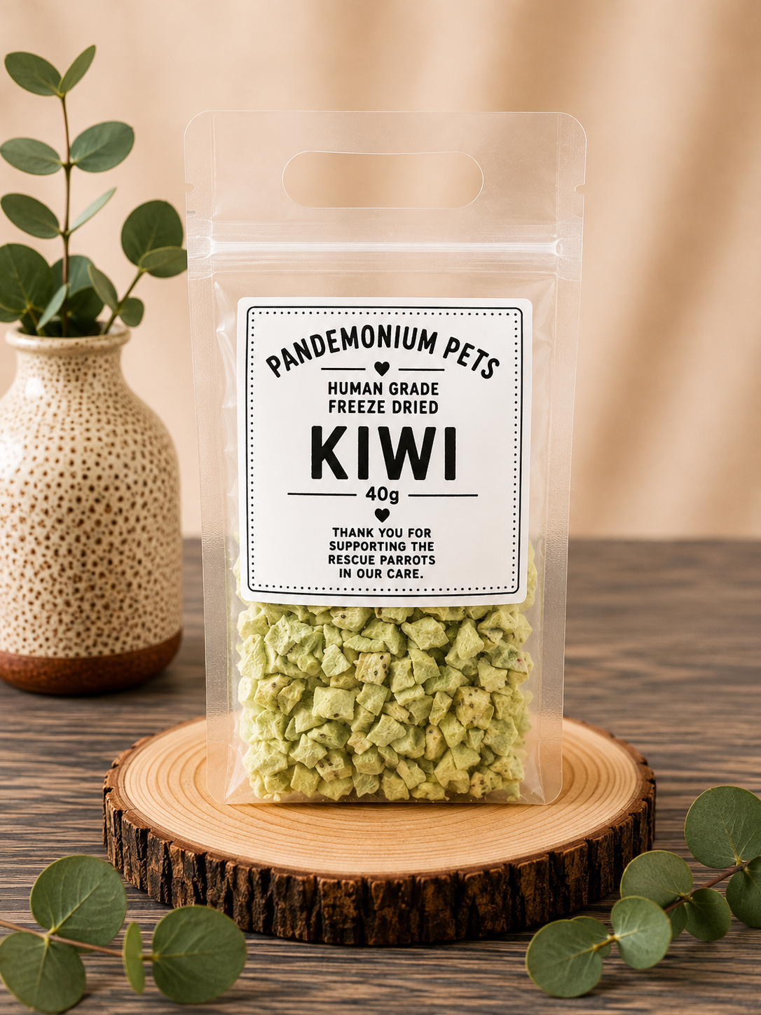Pandemonium Pets Human Grade Freeze Dried Kiwi 40g in a clear resealable pouch on a wooden slice