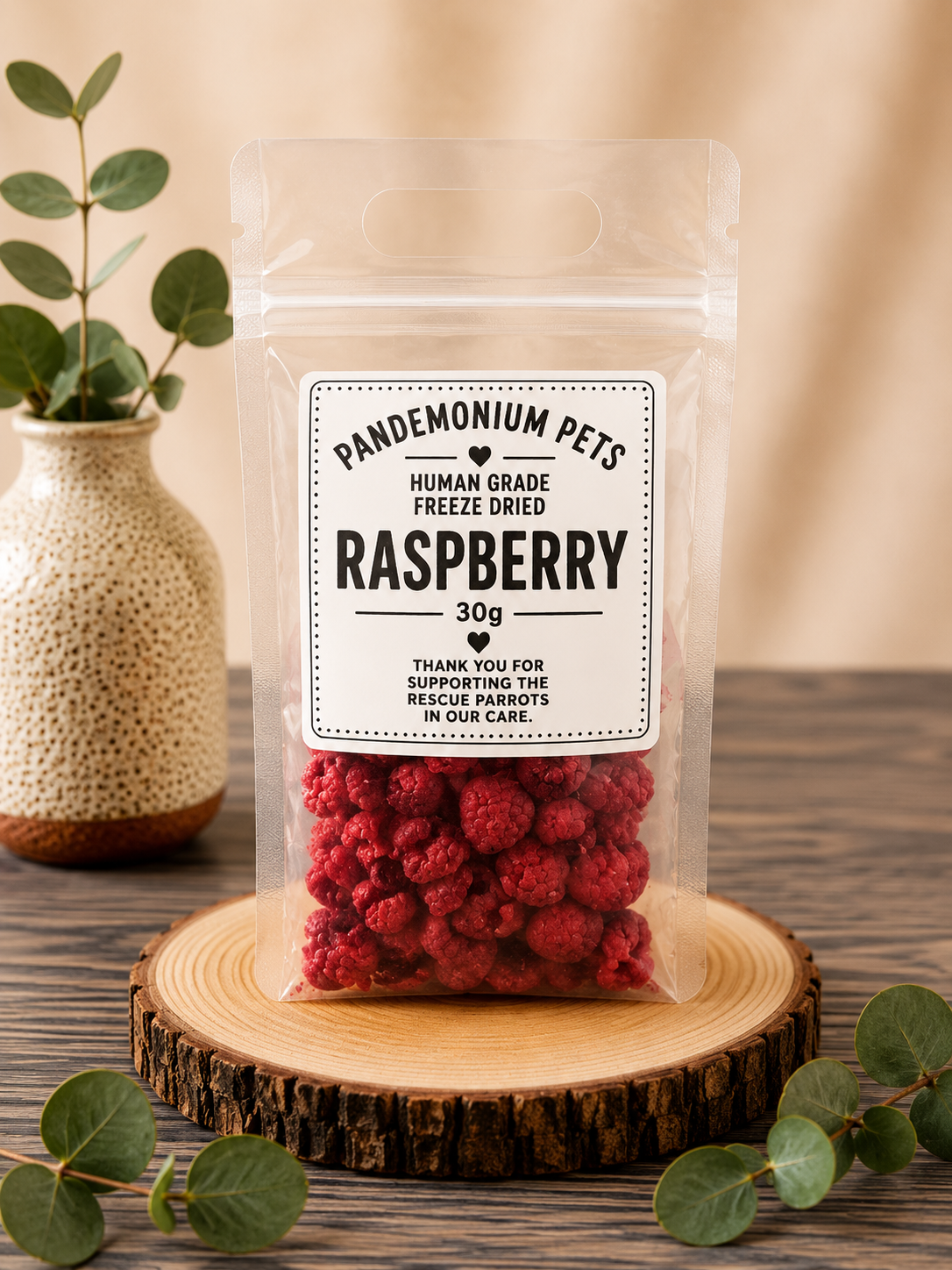 Pandemonium Pets Human Grade Freeze Dried Raspberry 30g in a clear resealable pouch on a wooden slice