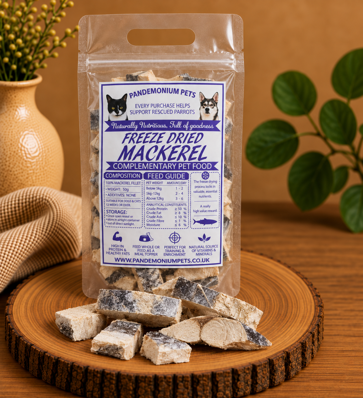 Pandemonium Pets freeze dried mackerel pet treats in a clear 50g bag with mackerel pieces displayed on a wooden stand