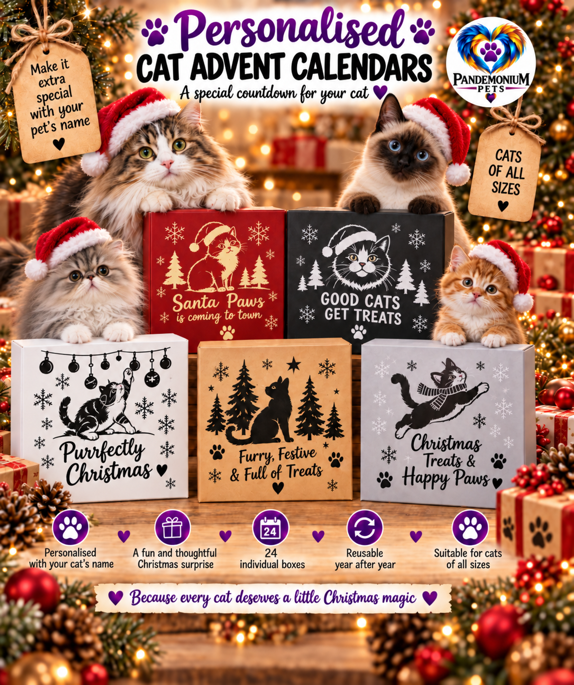 Personalised reusable cat Christmas advent calendars with 24 individual treat boxes from Pandemonium Pets