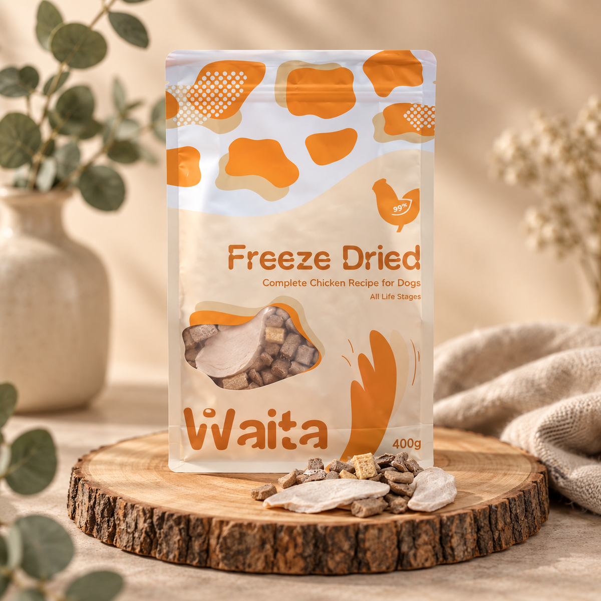 Front of Waita freeze dried complete chicken recipe for dogs 400g pouch